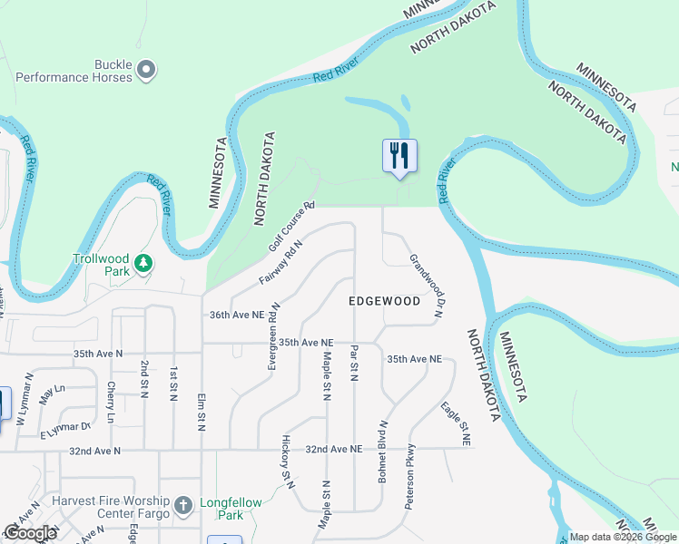 map of restaurants, bars, coffee shops, grocery stores, and more near 3537 Par St NE in Fargo