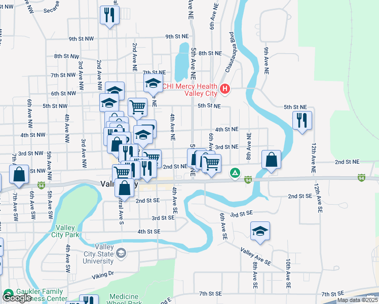 map of restaurants, bars, coffee shops, grocery stores, and more near 458 3rd Street Northeast in Valley City