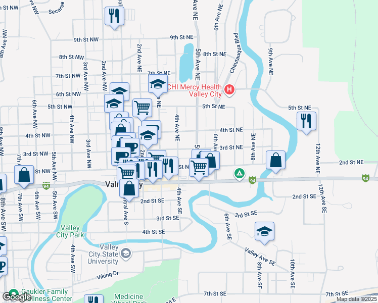 map of restaurants, bars, coffee shops, grocery stores, and more near 431 2nd Street Southeast in Valley City