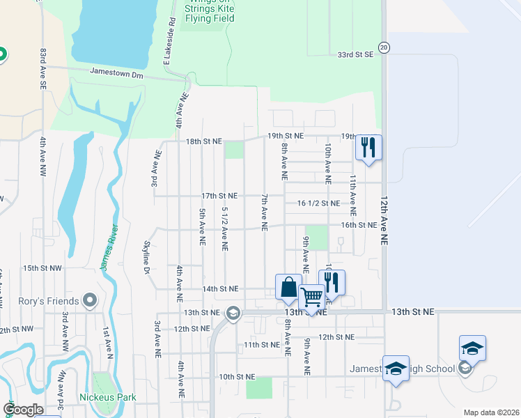 map of restaurants, bars, coffee shops, grocery stores, and more near 601-699 16th St NE in Jamestown