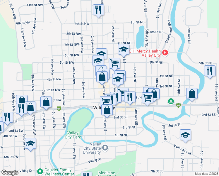 map of restaurants, bars, coffee shops, grocery stores, and more near 149 3rd Street Northeast in Valley City