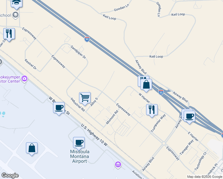 map of restaurants, bars, coffee shops, grocery stores, and more near 5998 Expressway in Missoula