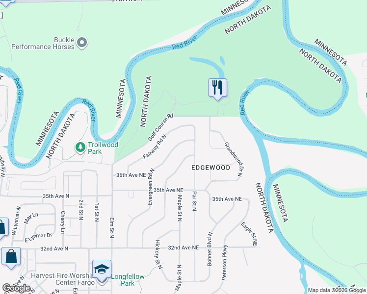 map of restaurants, bars, coffee shops, grocery stores, and more near 3668 Evergreen Rd N in Fargo