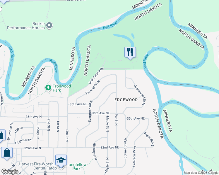 map of restaurants, bars, coffee shops, grocery stores, and more near 3668 Evergreen Rd N in Fargo
