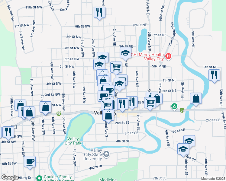 map of restaurants, bars, coffee shops, grocery stores, and more near 149 3rd Street Northeast in Valley City