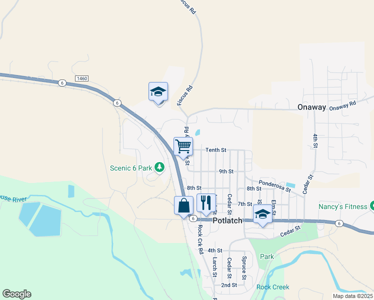 map of restaurants, bars, coffee shops, grocery stores, and more near 1015 Fir Street in Potlatch