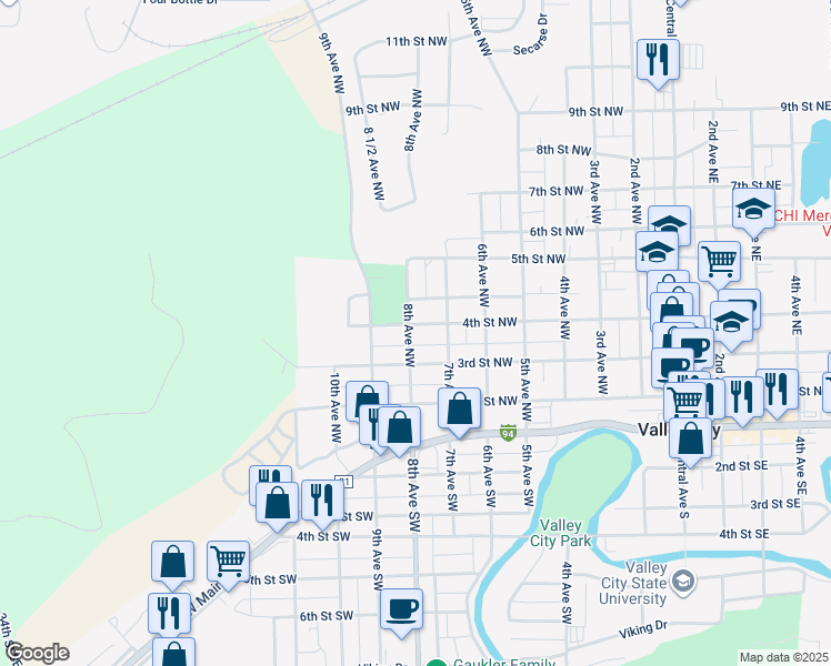 map of restaurants, bars, coffee shops, grocery stores, and more near 751 4th Street Northwest in Valley City
