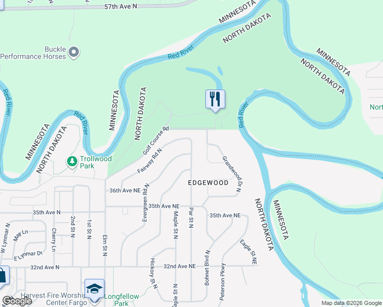map of restaurants, bars, coffee shops, grocery stores, and more near 3629 Par Street North in Fargo