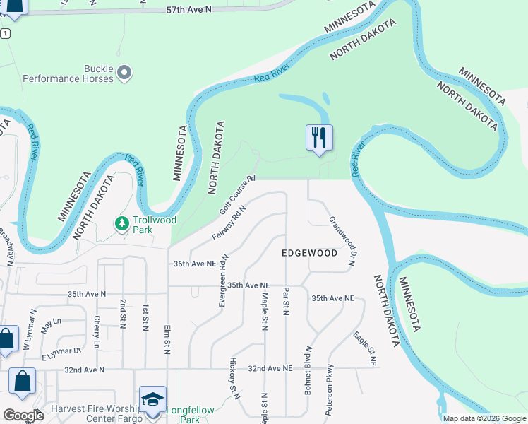 map of restaurants, bars, coffee shops, grocery stores, and more near 3668 Evergreen Road North in Fargo