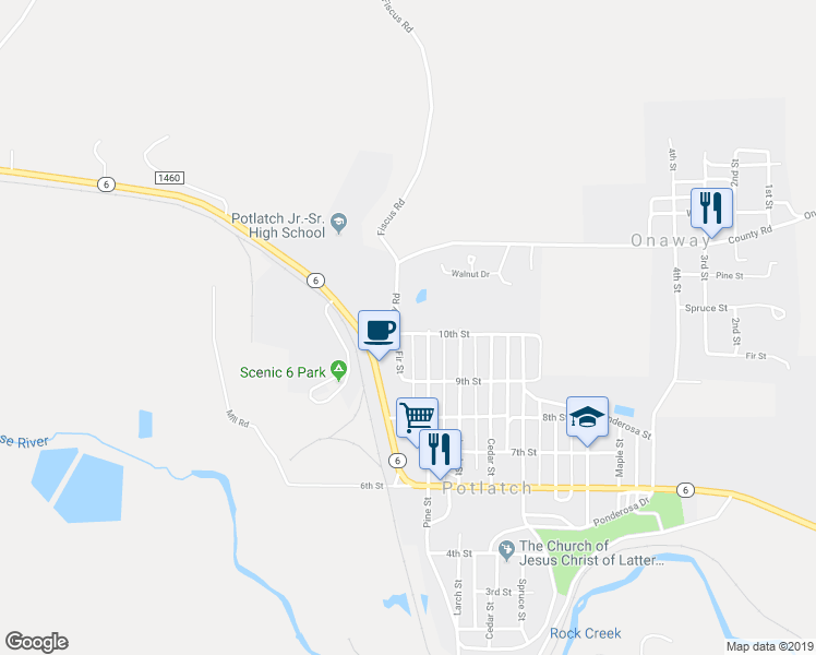 map of restaurants, bars, coffee shops, grocery stores, and more near 1015 Fir Street in Potlatch