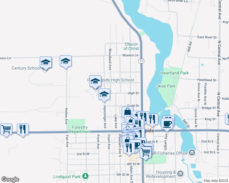 map of restaurants, bars, coffee shops, grocery stores, and more near 307 High Street in Park Rapids
