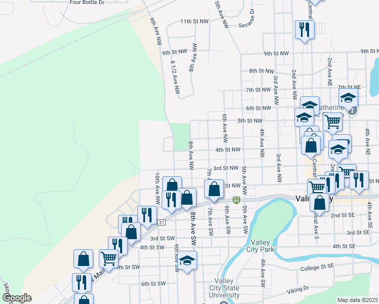 map of restaurants, bars, coffee shops, grocery stores, and more near 751 4th Street Northwest in Valley City