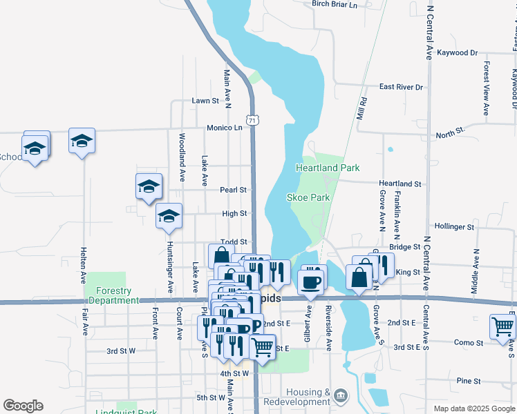 map of restaurants, bars, coffee shops, grocery stores, and more near 402 Park Avenue North in Park Rapids