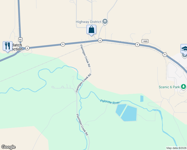 map of restaurants, bars, coffee shops, grocery stores, and more near 1670 Flannigan Creek Road in Potlatch