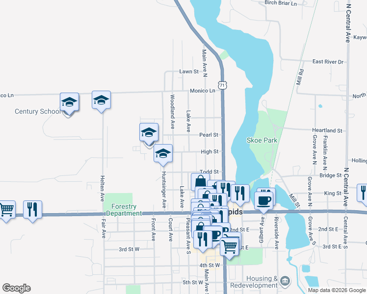 map of restaurants, bars, coffee shops, grocery stores, and more near 307 High Street in Park Rapids