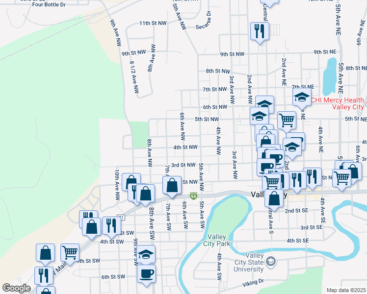 map of restaurants, bars, coffee shops, grocery stores, and more near 600 4th Street Northwest in Valley City