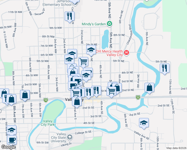 map of restaurants, bars, coffee shops, grocery stores, and more near 300-398 4th Street Northeast in Valley City