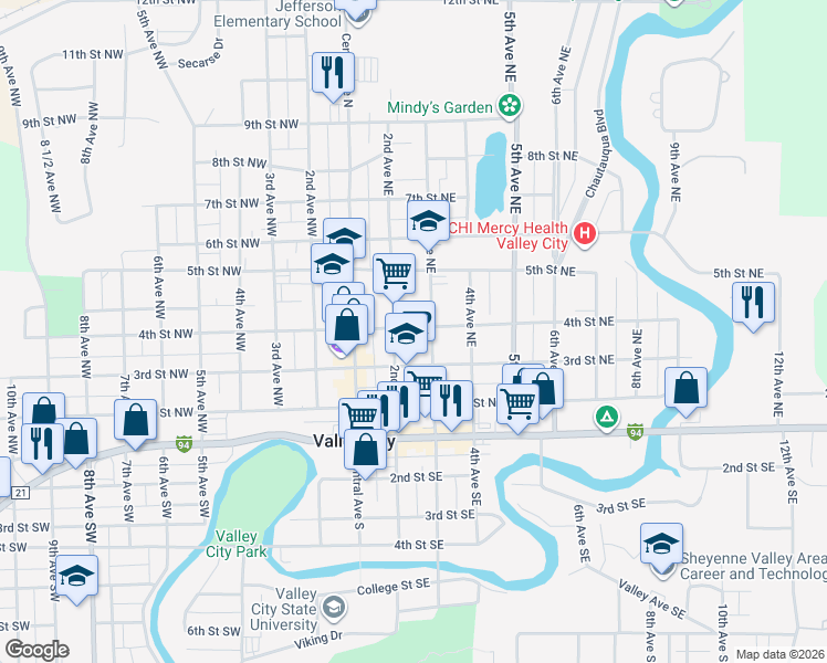 map of restaurants, bars, coffee shops, grocery stores, and more near 220 4th Street Northeast in Valley City