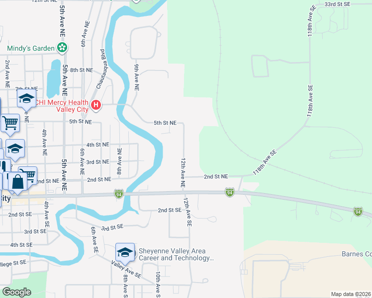 map of restaurants, bars, coffee shops, grocery stores, and more near 362 12th Avenue Northeast in Valley City