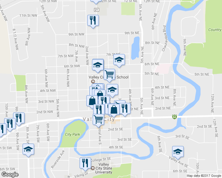 map of restaurants, bars, coffee shops, grocery stores, and more near 220 4th Street Northeast in Valley City