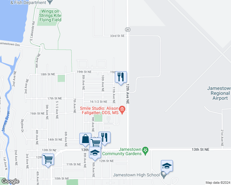 map of restaurants, bars, coffee shops, grocery stores, and more near 1700 11th Avenue Northeast in Jamestown