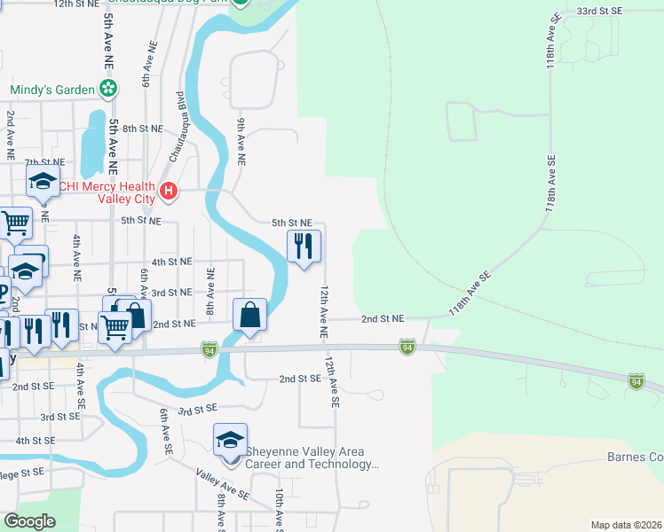 map of restaurants, bars, coffee shops, grocery stores, and more near 362 12th Avenue Northeast in Valley City