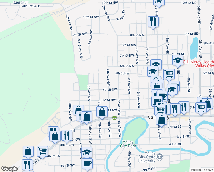 map of restaurants, bars, coffee shops, grocery stores, and more near 600-698 4th Street Northwest in Valley City