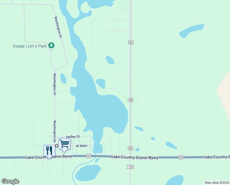 map of restaurants, bars, coffee shops, grocery stores, and more near 54869 Pearl Street in Osage