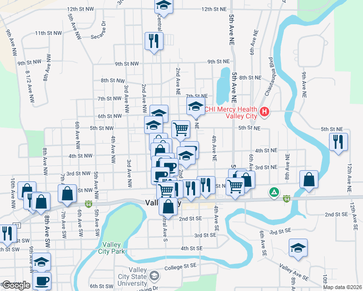 map of restaurants, bars, coffee shops, grocery stores, and more near 200 5th Street Northeast in Valley City