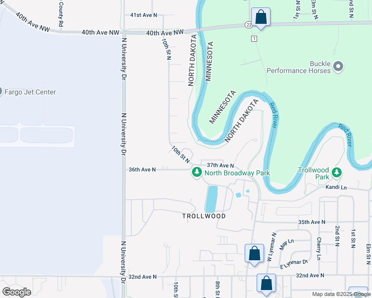 map of restaurants, bars, coffee shops, grocery stores, and more near Fargo North Bike Path in Fargo