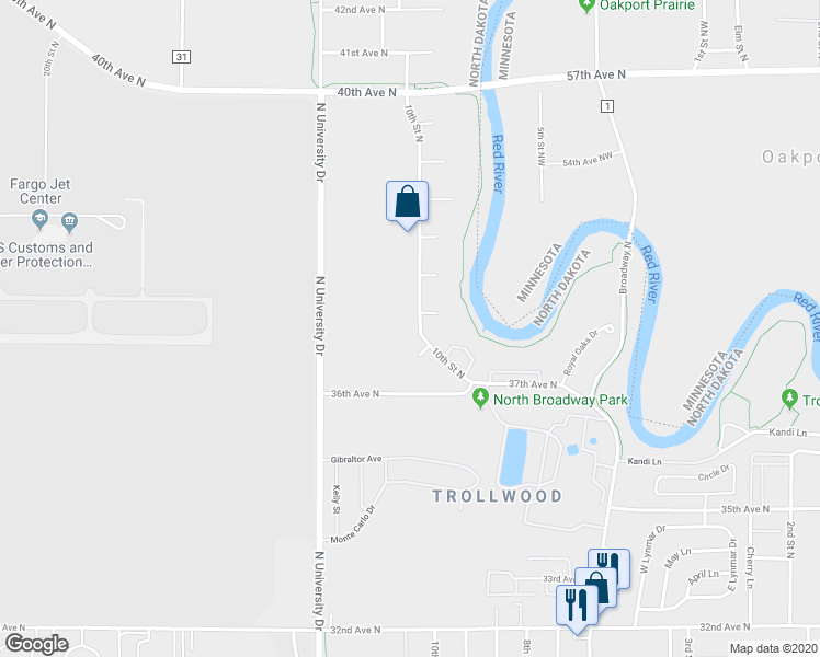 map of restaurants, bars, coffee shops, grocery stores, and more near 3702 10th Street North in Fargo