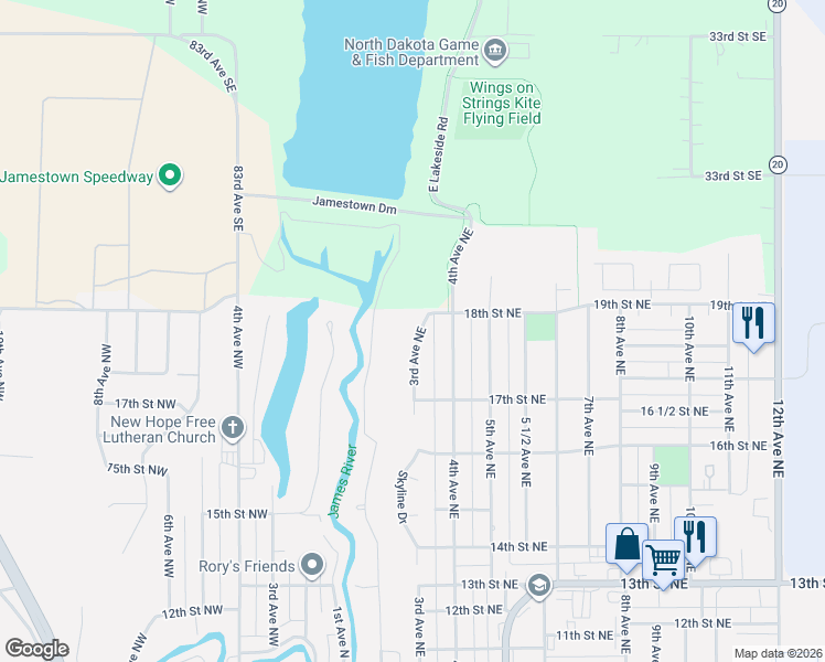 map of restaurants, bars, coffee shops, grocery stores, and more near 1805 3rd Avenue Northeast in Jamestown