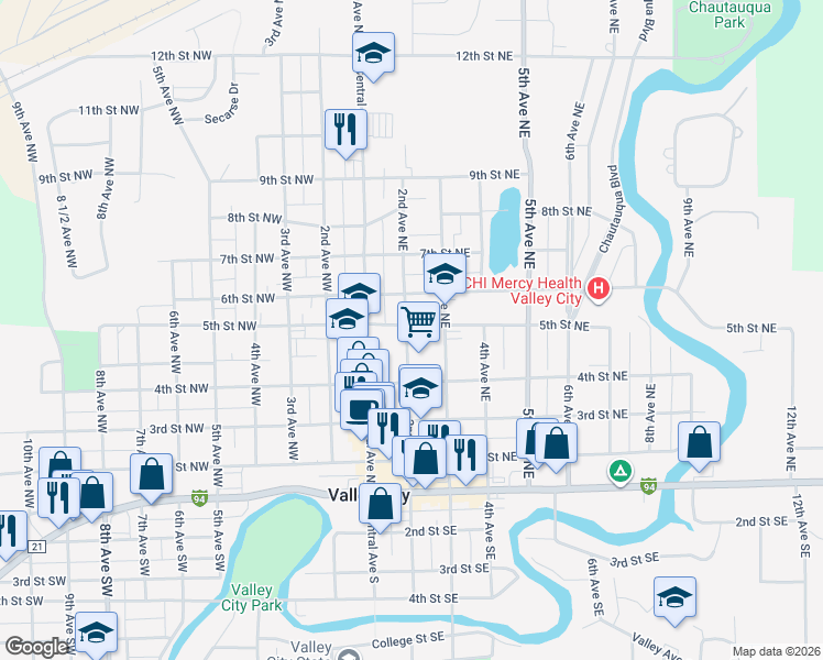 map of restaurants, bars, coffee shops, grocery stores, and more near 200-298 5th Street Northeast in Valley City
