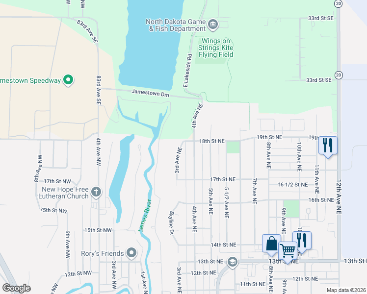 map of restaurants, bars, coffee shops, grocery stores, and more near 1805 3rd Avenue Northeast in Jamestown