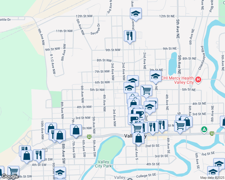 map of restaurants, bars, coffee shops, grocery stores, and more near 301-399 5th St NW in Valley City