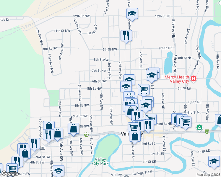 map of restaurants, bars, coffee shops, grocery stores, and more near 301 5th Street Northwest in Valley City