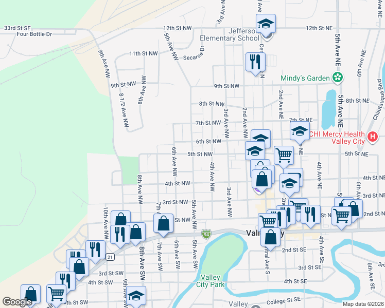 map of restaurants, bars, coffee shops, grocery stores, and more near 501 5th Street Northwest in Valley City