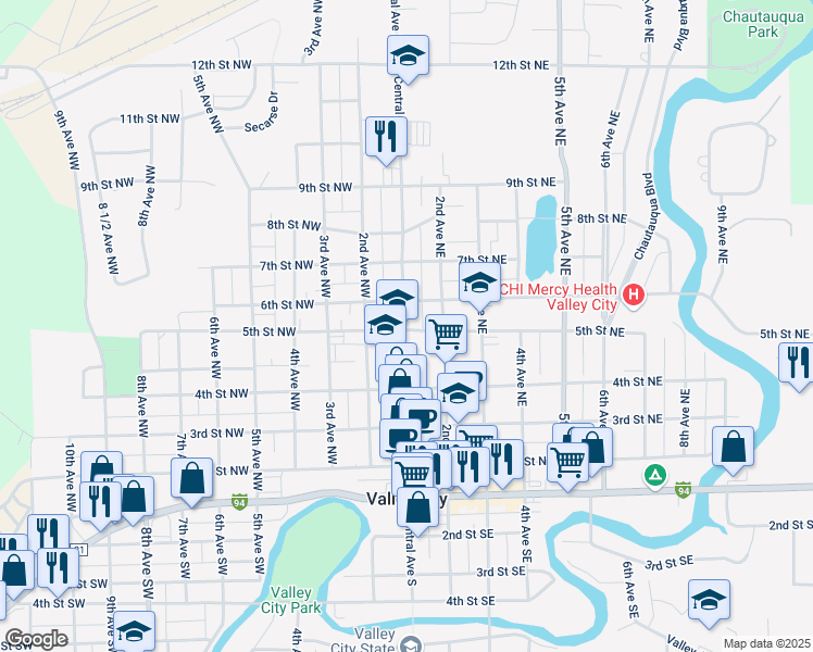 map of restaurants, bars, coffee shops, grocery stores, and more near 516 Central Avenue North in Valley City