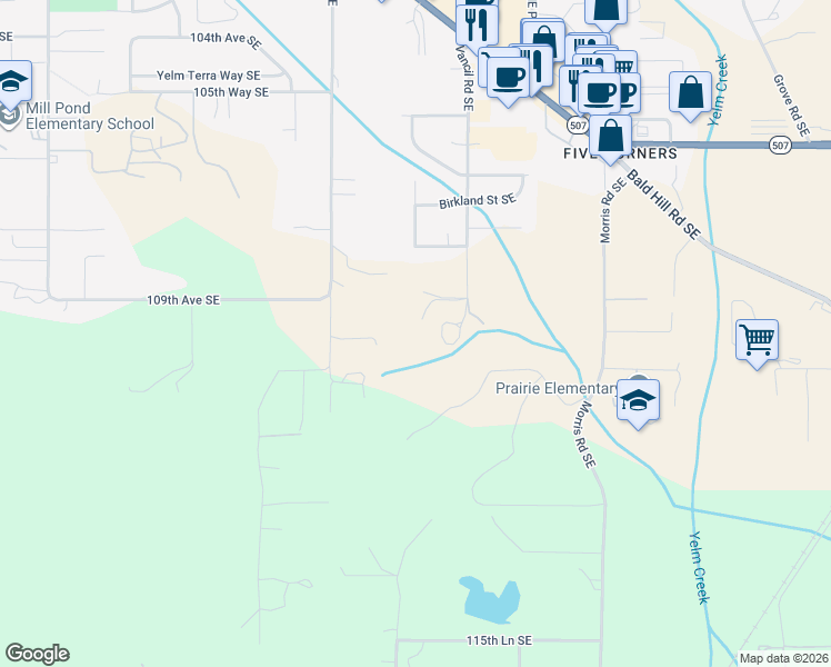 map of restaurants, bars, coffee shops, grocery stores, and more near 11025 Vancil Road Southeast in Yelm