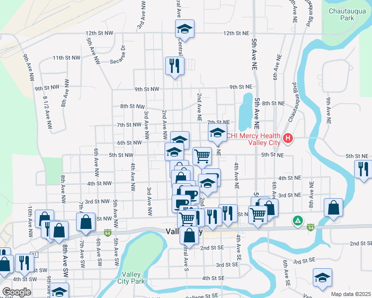 map of restaurants, bars, coffee shops, grocery stores, and more near 516 Central Avenue North in Valley City