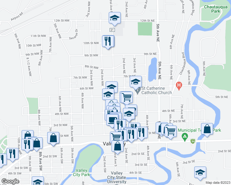 map of restaurants, bars, coffee shops, grocery stores, and more near 516 Central Avenue North in Valley City