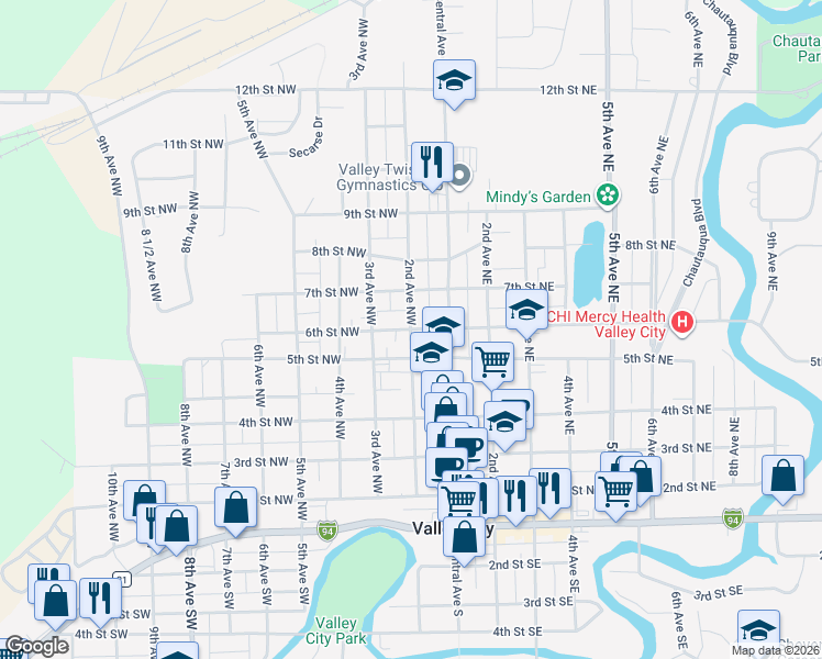map of restaurants, bars, coffee shops, grocery stores, and more near 200 6th Street Northwest in Valley City
