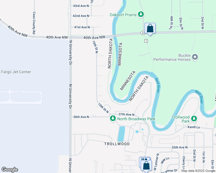 map of restaurants, bars, coffee shops, grocery stores, and more near Fargo North Bike Path in Fargo