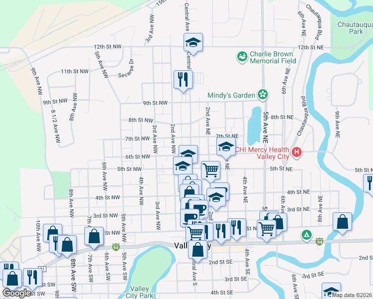 map of restaurants, bars, coffee shops, grocery stores, and more near 615 Central Avenue North in Valley City