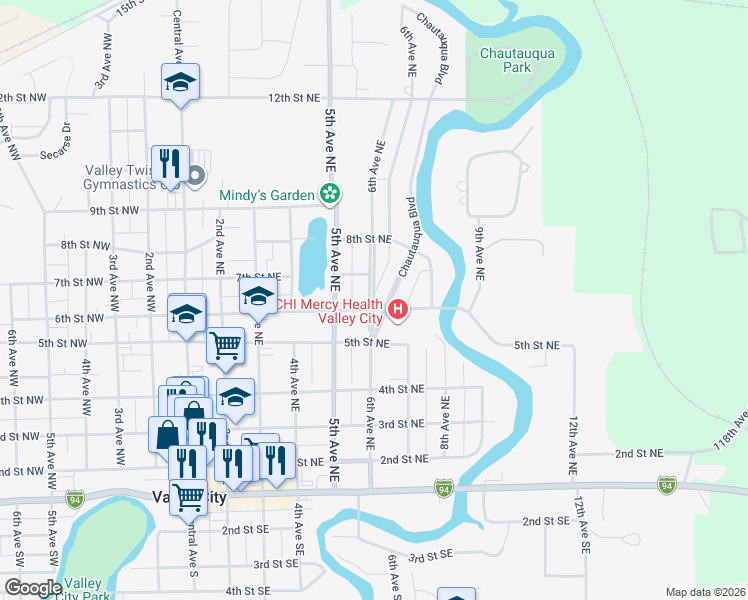 map of restaurants, bars, coffee shops, grocery stores, and more near 6th Ave NE in Valley City