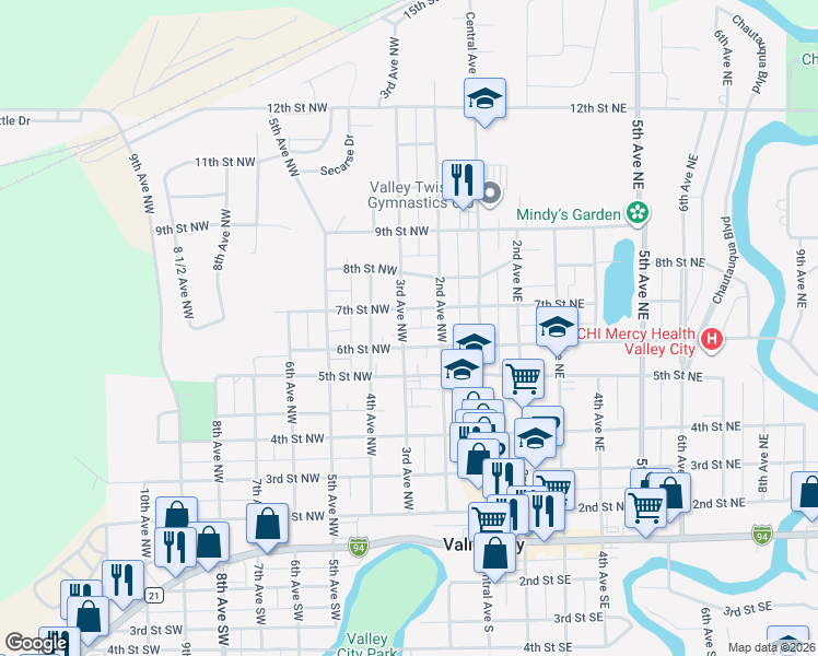 map of restaurants, bars, coffee shops, grocery stores, and more near 200-298 6th Street Northwest in Valley City