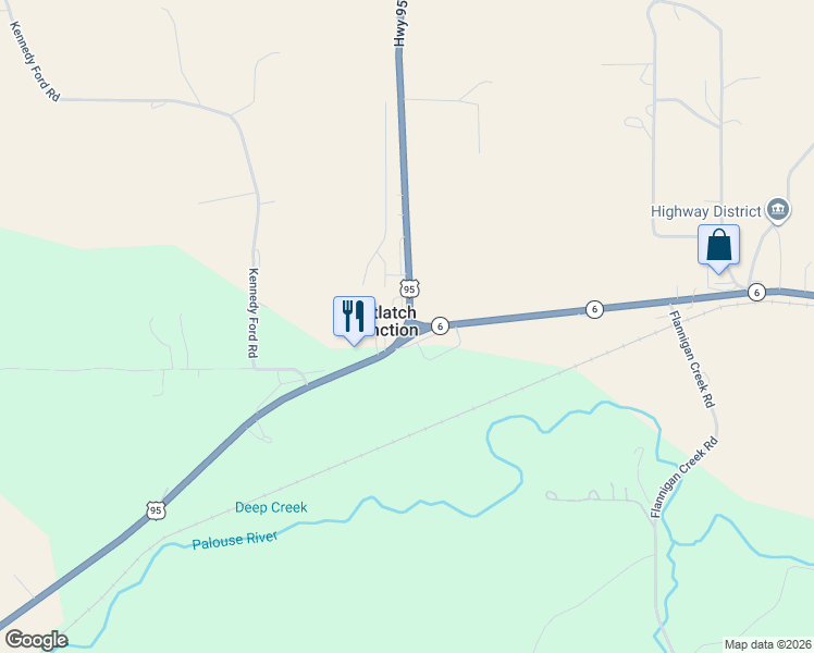map of restaurants, bars, coffee shops, grocery stores, and more near U.S. 95 in Potlatch
