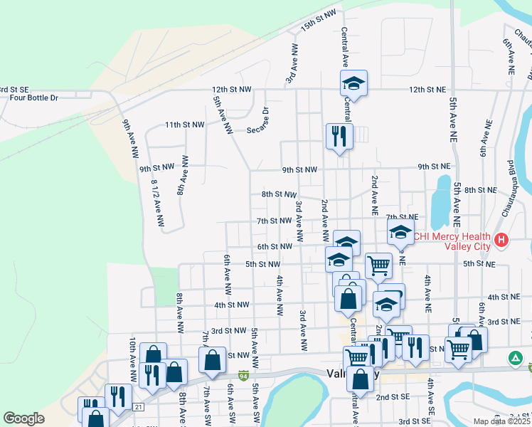 map of restaurants, bars, coffee shops, grocery stores, and more near 451 8th Street Northwest in Valley City