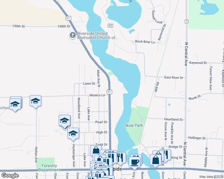 map of restaurants, bars, coffee shops, grocery stores, and more near 802 Park Avenue North in Park Rapids