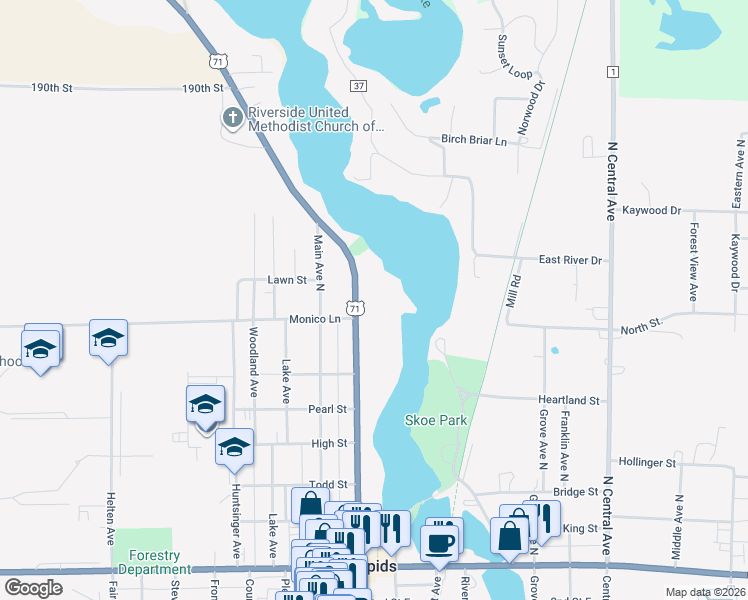 map of restaurants, bars, coffee shops, grocery stores, and more near 802 Park Avenue North in Park Rapids